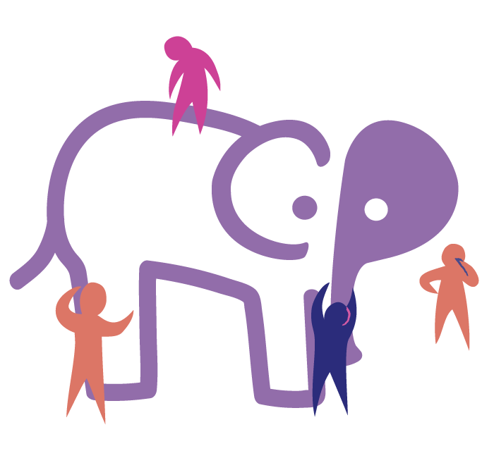 Playful llustration of people contemplating an elephant